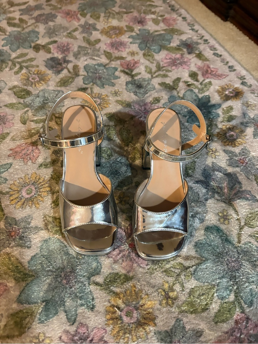 Metallic Silver Women's Block Heel Sandals